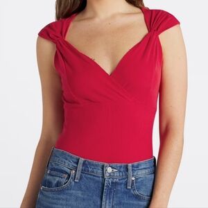 Red Surplice V Neck Knit Top